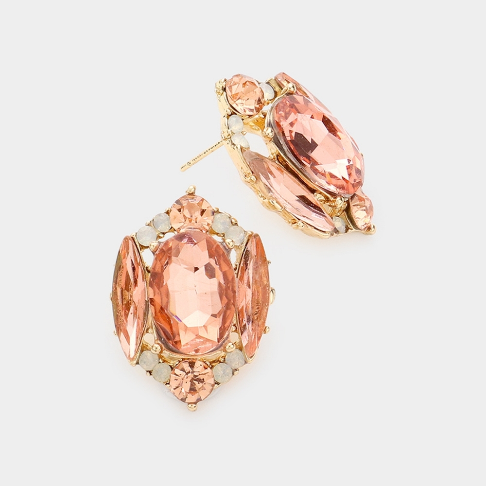 Peach Stud Emerald Cut Fashion Jewelry Crystal Earrings Evening Statement